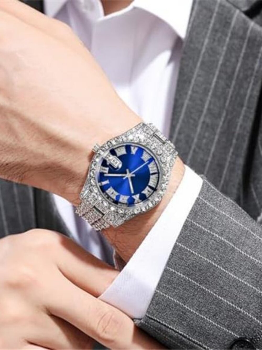 Men's Diamond Watch Fashion Crystal Rhinestone Quartz Analog Watch - Picture 5 of 5